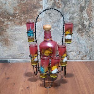 Amatitan Jalisco Mexico Decanter Tequila Bottle 6 Shot Glasses Metal Display Rac